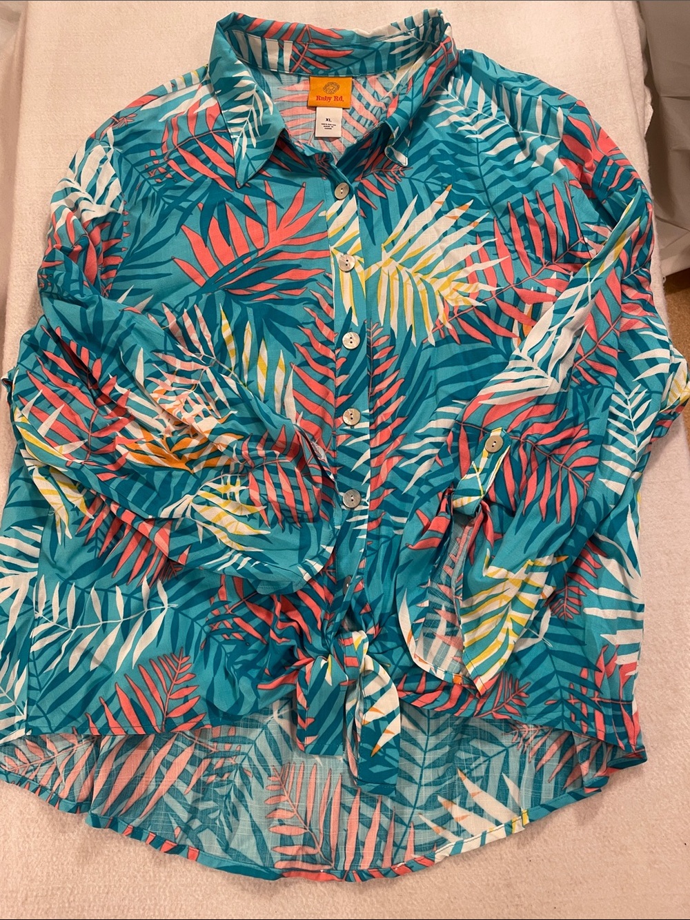 Ruby Rd. Teal Coral Pink Palm-Print Rayon Blouse